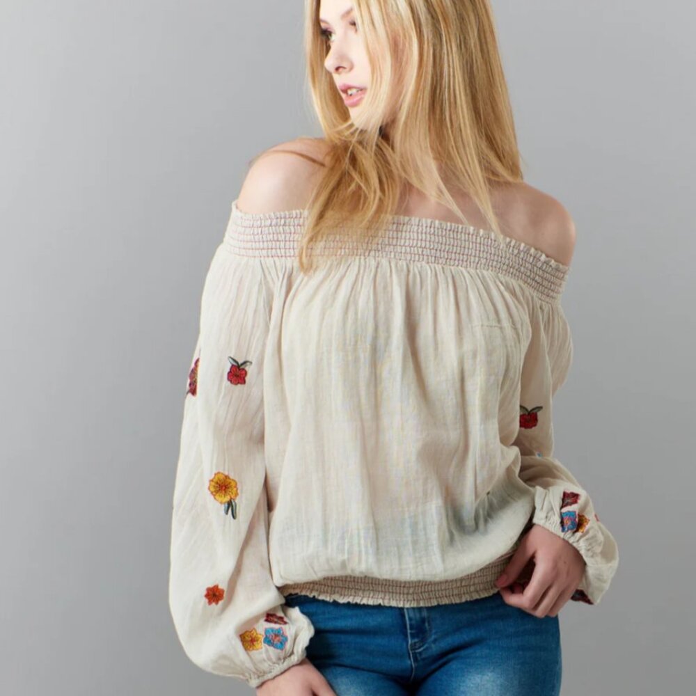 ARATTA VINTAGE OFF THE SHOULDER TULIPS BLOUSE SZ M